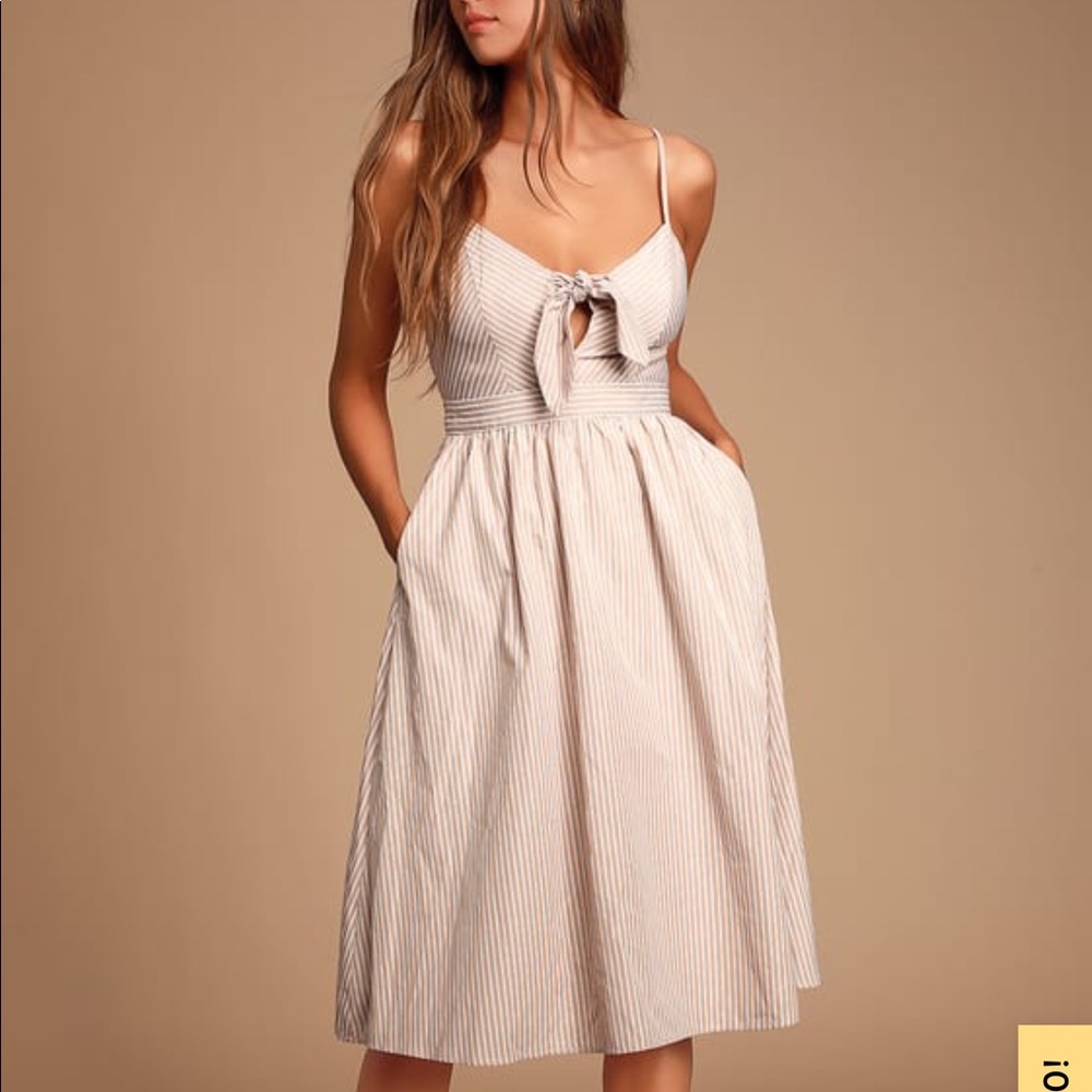 JOYFUL DAYS TAN STRIPED KNOTTED FRONT MIDI DRESS